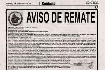 Aviso remate 20 de mayo del 2022